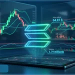Graphique d'analyse technique affichant le prix du Solana à 64,87 dollars avec des indicateurs de trading en arrière-plan