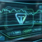 Graphique de trading affichant le logo du Toncoin avec un prix de 1,7200 dollars et une hausse de 2,61 pourcents