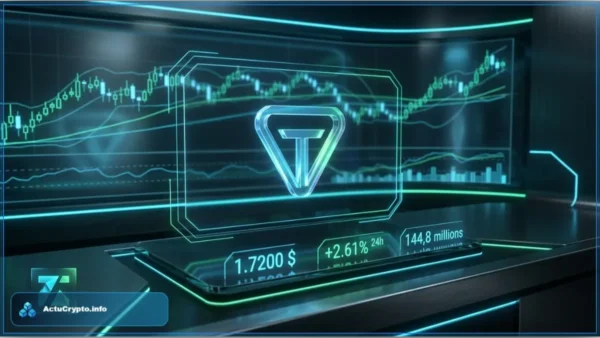 Graphique de trading affichant le logo du Toncoin avec un prix de 1,7200 dollars et une hausse de 2,61 pourcents