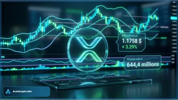 Graphique d'analyse technique montrant le logo XRP avec un rebond de 3,29 pour cent et un test de résistance