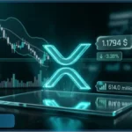 Graphique de trading affichant le logo XRP lumineux avec le prix à 1,1794 dollar en baisse