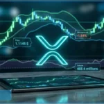 Logo XRP lumineux devant un graphique boursier affichant un prix de 1,1145 dollar et des indicateurs de trading sur une tablette