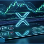 Logo XRP lumineux sur un écran affichant un prix de 1.051 dollars et des graphiques de trading