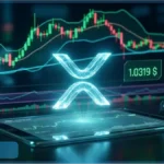 Logo lumineux du XRP au-dessus d'une tablette affichant des graphiques d'analyse technique et le prix en baisse face au marché crypto.