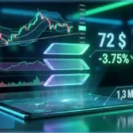 Tableau de bord de trading montrant le logo Solana, le prix à 72 $ et des graphiques d'analyse technique.