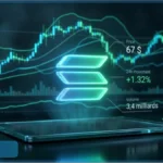 Graphique d'analyse technique montrant le logo Solana lumineux avec un prix de 67 dollars et des courbes de tendance