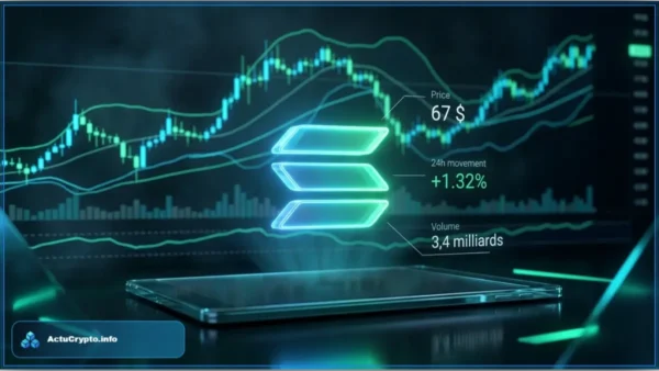 Graphique d'analyse technique montrant le logo Solana lumineux avec un prix de 67 dollars et des courbes de tendance
