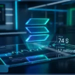 Interface numérique futuriste affichant le logo Solana en hologramme avec le prix à 74 dollars et un volume de 1,7 milliard