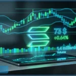 Logo Solana lumineux au-dessus d'une tablette affichant un prix de 73 dollars et des graphiques de trading