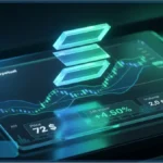 Graphique de trading affichant le logo Solana en 3D avec une hausse de 4,50 pour cent et un prix de 72 dollars