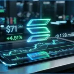 Logo Solana lumineux sur un écran de trading affichant un prix de 71 dollars lors d'une analyse technique du marché crypto