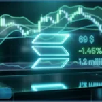 Logo lumineux de Solana devant un graphique boursier affichant un prix de 69 dollars