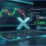 Logo XRP lumineux sur un écran de trading affichant une baisse de 4 pourcent et un prix de 1,19 dollar