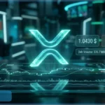 Interface de trading futuriste montrant le logo XRP avec un prix de 1,0430 dollar et un graphique en baisse