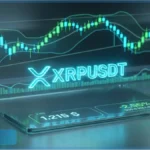 Graphique de trading 3D affichant la paire XRPUSDT avec un prix de 1,215 dollar et des indicateurs techniques en cyan