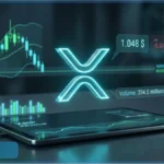 Graphique d'analyse technique du XRP affichant un prix de 1,048 dollar et des chandeliers japonais sur une tablette numérique