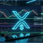 Logo XRP en néon bleu sur un écran de trading affichant le prix de 1,1569 dollar et des graphiques boursiers