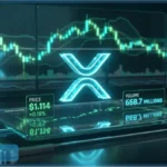 Logo XRP en 3D sur une interface de trading futuriste affichant le prix de 1,114 dollar