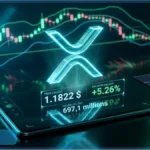 Logo XRP lumineux sur un écran affichant un prix de 1,1822 $ et une hausse de 5,26 % avec des graphiques de trading en arrière-plan