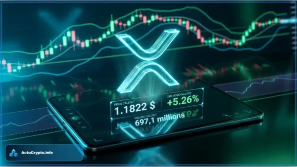 Logo XRP lumineux sur un écran affichant un prix de 1,1822 $ et une hausse de 5,26 % avec des graphiques de trading en arrière-plan