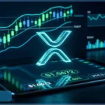 Logo XRP lumineux au-dessus d'une tablette affichant des graphiques d'analyse technique et le prix