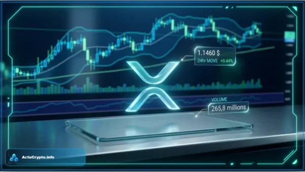 Graphique financier affichant le cours du XRP à 1,146 dollar avec des chandeliers japonais en arrière-plan