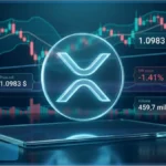 Logo XRP lumineux devant des graphiques boursiers affichant une baisse de prix et un support critique