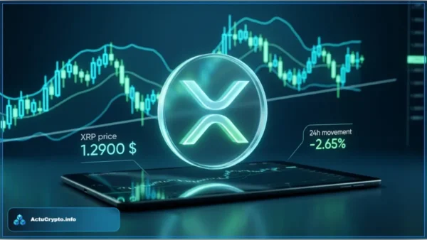 Image montrant le logo de la crypto XRP avec un graphique en chandeliers japonais en arrière-plan, indiquant une performance de -2,65% et un prix de 1,2900 $.