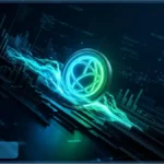 Piece numerique lumineuse representant la crypto Celestia TIA sur un fond de graphiques financiers abstraits.