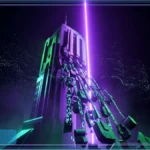 Illustration futuriste d'une tour financière se désintégrant en données numériques sous un rayon violet, représentant le recul du CAC 40.