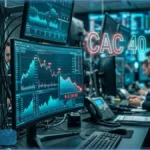 Trader observant des graphiques boursiers en baisse illustrant la chute du CAC 40 sous les 8 200 points
