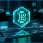 Illustration 3D du logo Bitcoin (BTC) au-dessus d'une tablette de trading affichant une analyse technique du cours, avec un indicateur RSI en zone de survente et le prix actuel.