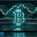 Illustration 3D du logo Bitcoin (BTC) devant un graphique d'analyse technique montrant la chute du cours et les indicateurs de marché pour juin 2026.