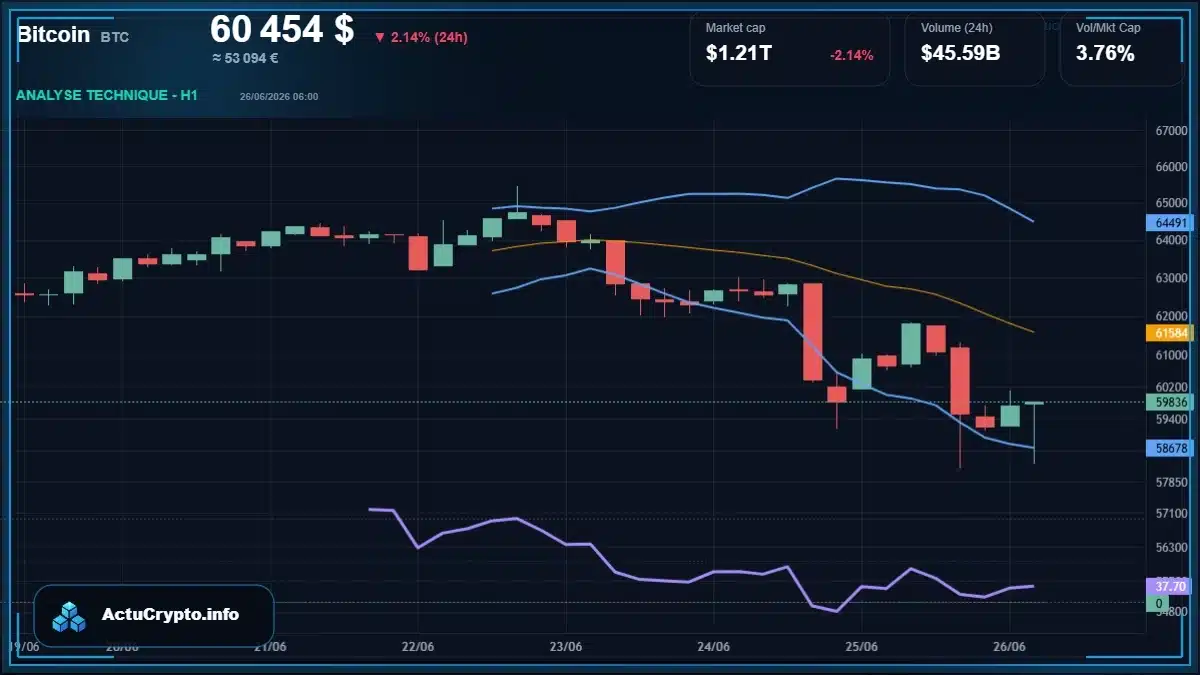 Graphique du cours Bitcoin (BTC) Analyse technique du cours Bitcoin (BTC) avec données de marché récentes