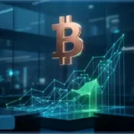 Symbole Bitcoin lumineux au-dessus d'un graphique financier en hausse illustrant l'allocation institutionnelle