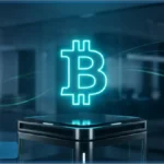 Un logo Bitcoin en néon bleu flottant au-dessus d'un socle dans un bureau moderne, représentant l'investissement massif de Strive.