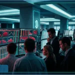 Des traders inquiets analysent les graphiques du cours du Bitcoin en baisse sur de multiples écrans de trading.
