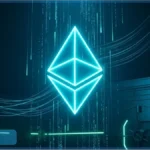 Logo Ethereum lumineux devant une porte de coffre-fort numérique, illustrant la trésorerie crypto de BitMine