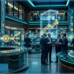 Trader analysant des graphiques financiers pour le nouvel ETF Bitcoin BITA de BlackRock dans un bureau à Wall Street