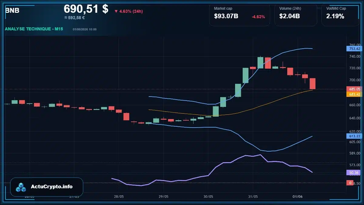 Graphique du cours BNB Analyse technique du cours BNB avec données de marché récentes