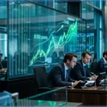 Traders analysant un graphique boursier montrant le CAC 40 franchissant les 8 300 points et visant la résistance des 8 400 points