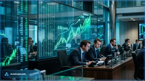 Traders analysant un graphique boursier montrant le CAC 40 franchissant les 8 300 points et visant la résistance des 8 400 points