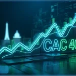 Graphique boursier avec une flèche lumineuse en hausse représentant le CAC 40 dépassant les 8 400 points