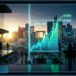 Illustration futuriste montrant l'indice CAC 40 atteignant 8 444 points et visant la résistance des 8 500 points