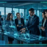 Des professionnels de la finance analysent des données sur un écran futuriste, illustrant la stratégie de Capital B pour son crédit Bitcoin.