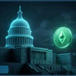 Le Capitole des États-Unis illuminé en bleu avec une pièce Ethereum verte brillante flottant à côté, symbolisant la régulation crypto et le CLARITY Act.