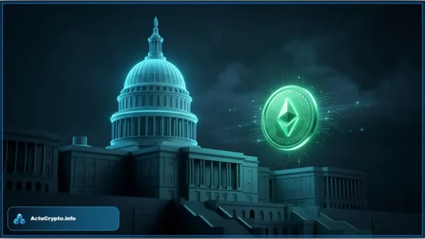 Le Capitole des États-Unis illuminé en bleu avec une pièce Ethereum verte brillante flottant à côté, symbolisant la régulation crypto et le CLARITY Act.