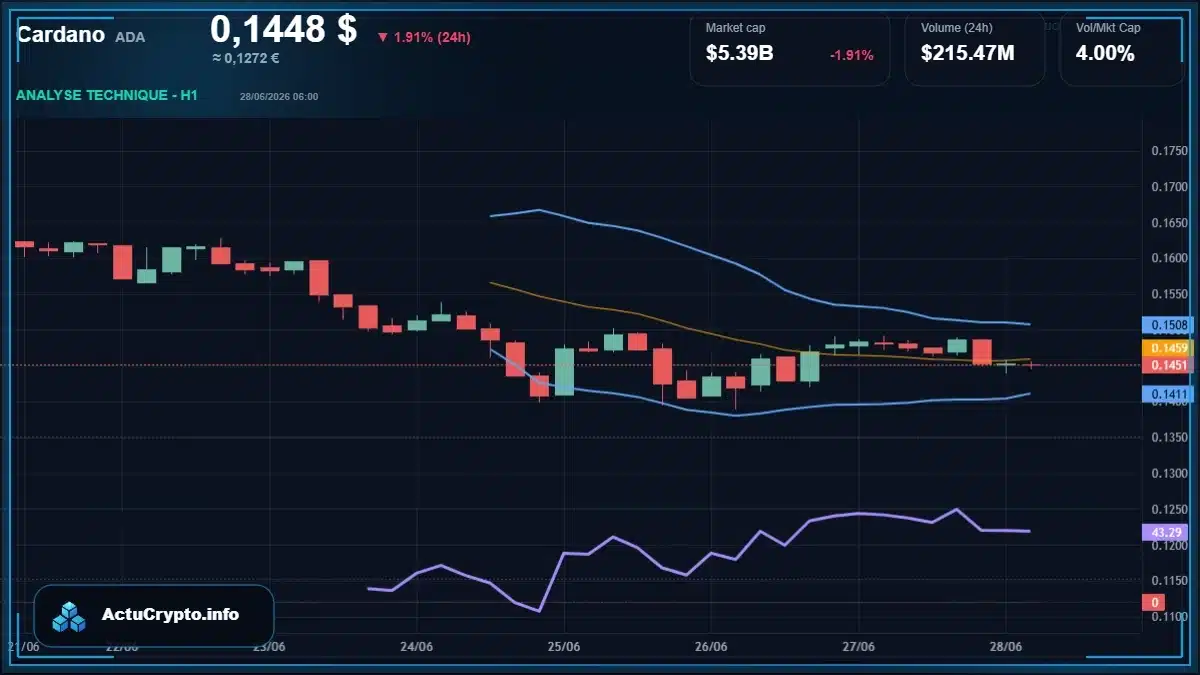 Graphique du cours Cardano (ADA) Analyse technique du cours Cardano (ADA) avec données de marché récentes