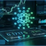 Logo 3D de Cardano avec un affichage numérique indiquant le prix ADA à 0,1717 dollar et des graphiques de trading en arrière-plan