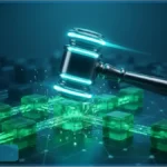 Marteau de justice numérique frappant un bloc blockchain, illustrant le procès de la CFTC contre le Kentucky sur les marchés de prédiction